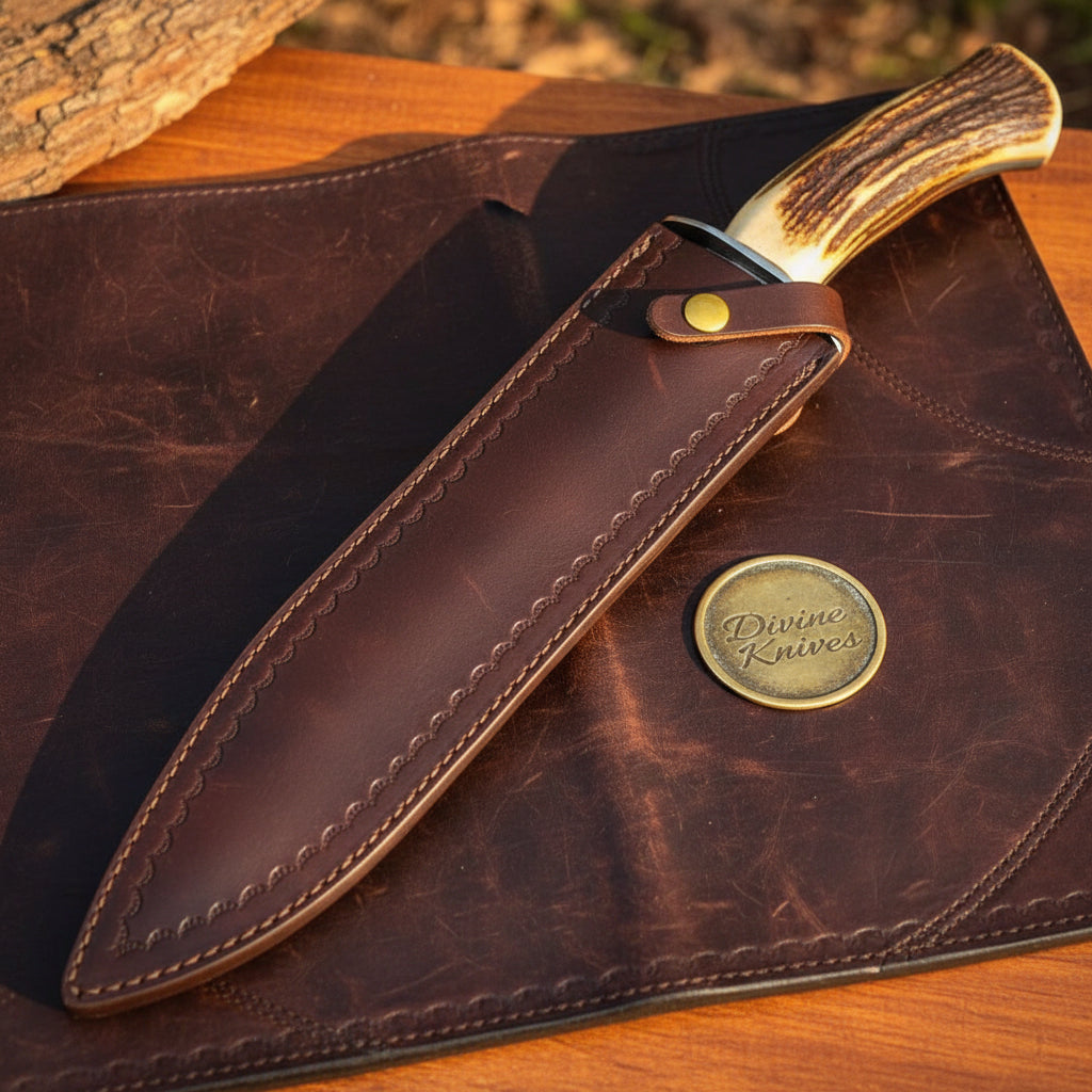 Stag Horn High Polish Clip Point Bowie Knife with Natural Stag Handle