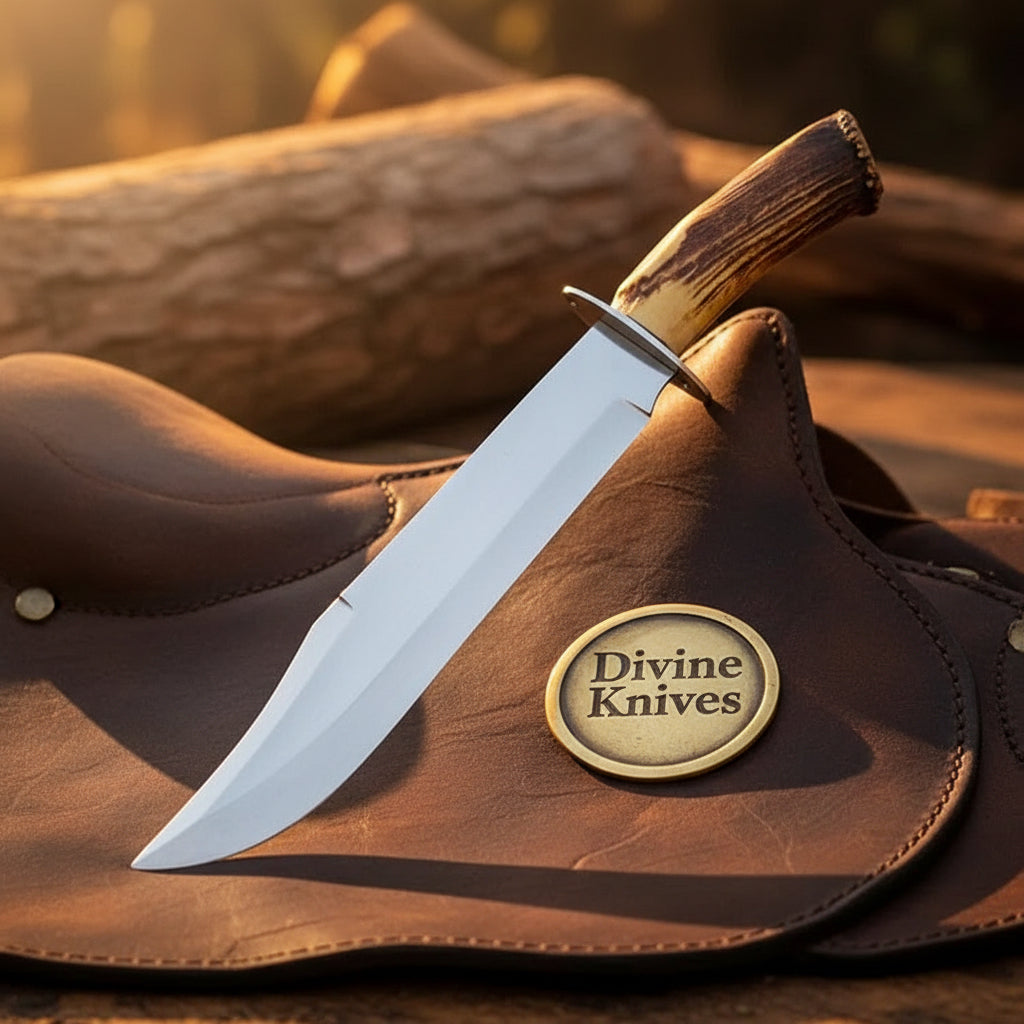 Stag Horn High Polish Clip Point Bowie Knife with Natural Stag Handle