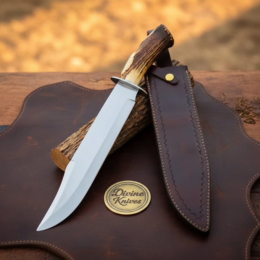 Stag Horn High Polish Clip Point Bowie Knife with Natural Stag Handle