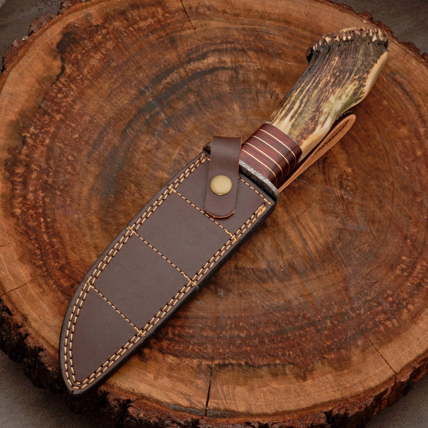 Crown Stag Damascus Hunting Bowie with Wire-Wrapped Spacer