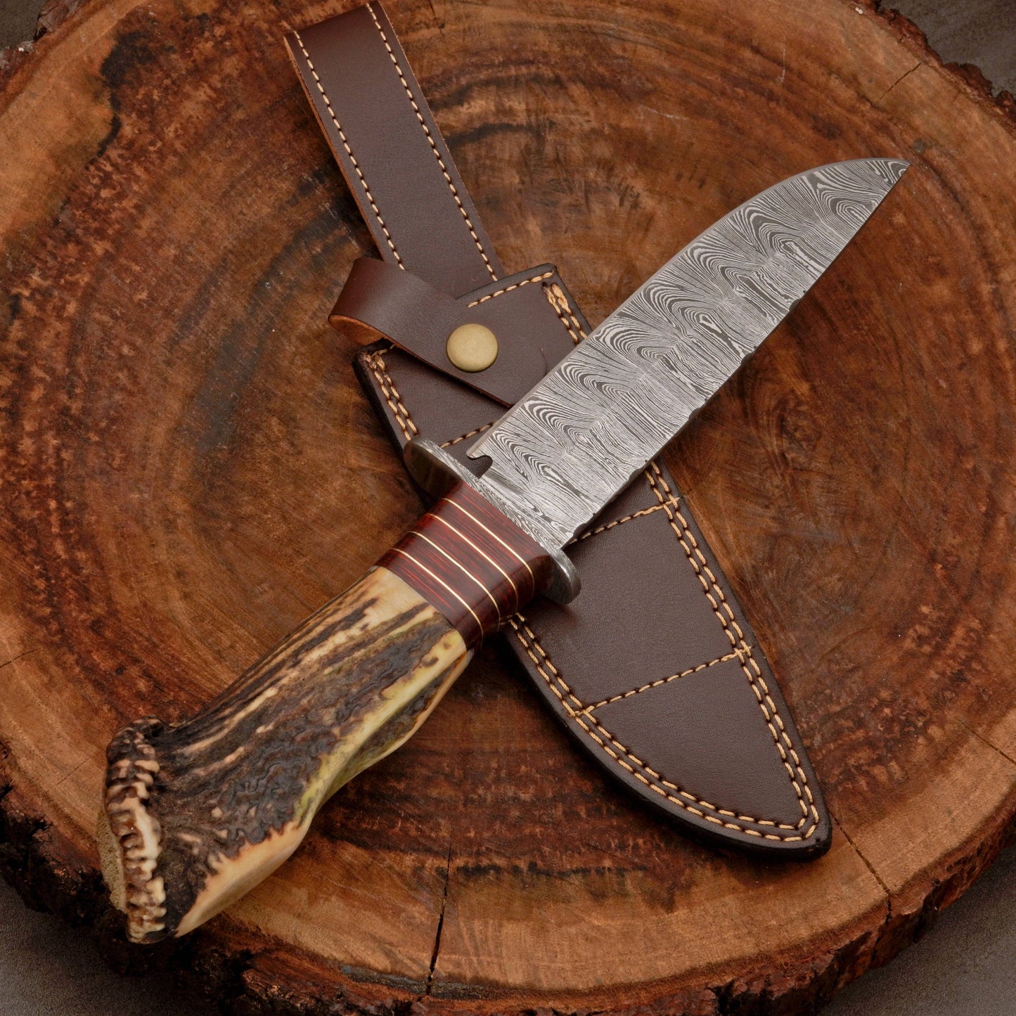 Crown Stag Damascus Hunting Bowie with Wire-Wrapped Spacer