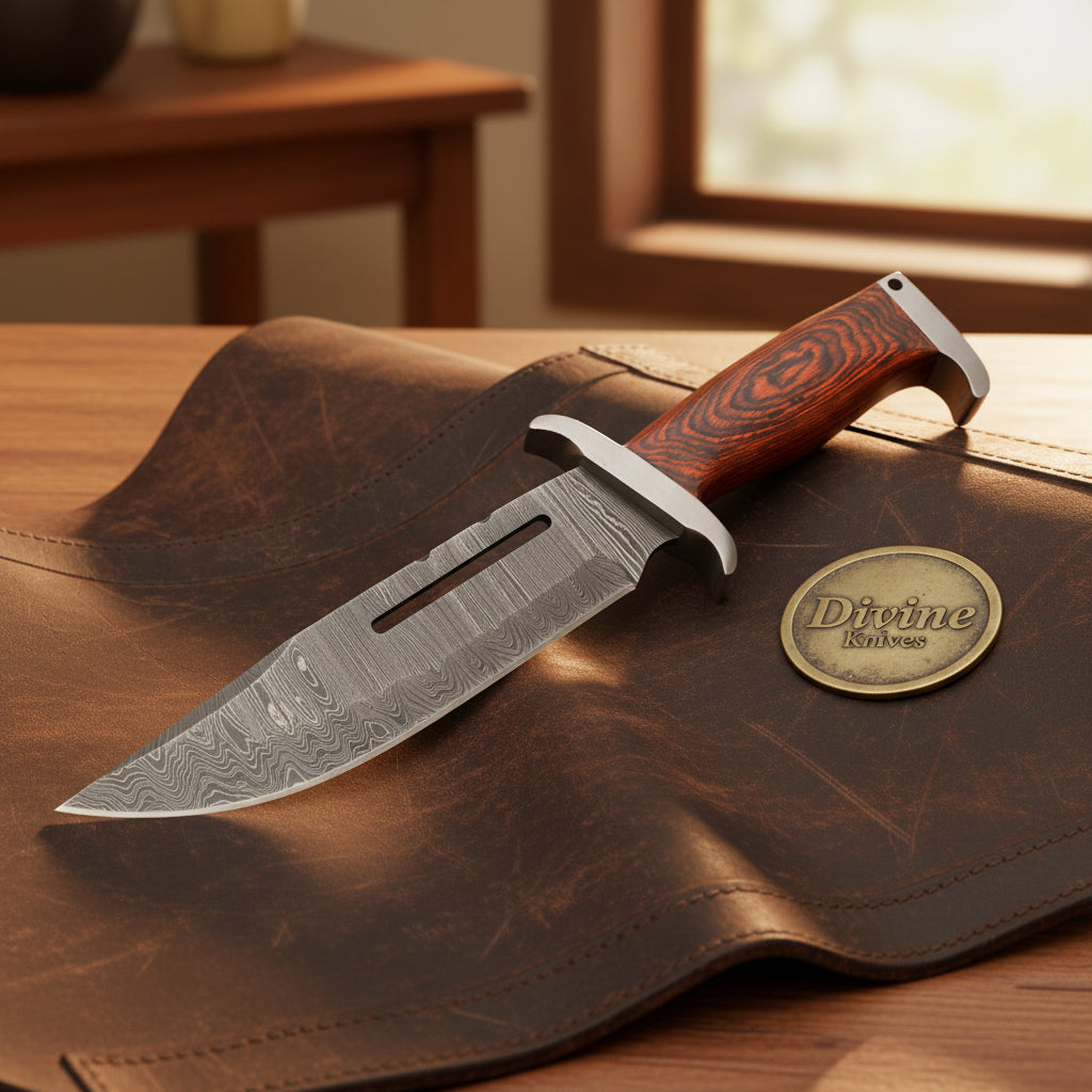 Slotted Blade Damascus Rambo Bowie Knife with Cut-Through Steel Blade