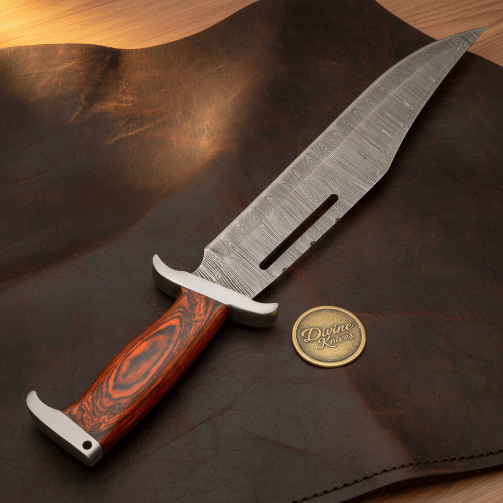 Slotted Blade Damascus Rambo Bowie Knife with Cut-Through Steel Blade